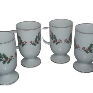 NOS Vintage Set of 4 Holly Berries, Gold trimmed Pedestal Coffee Mugs